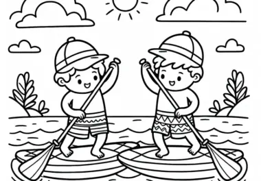 Zwei Paddleboarder wechseln spielerisch ihre Bretter auf dem Wasser – Ausmalbild kostenlos