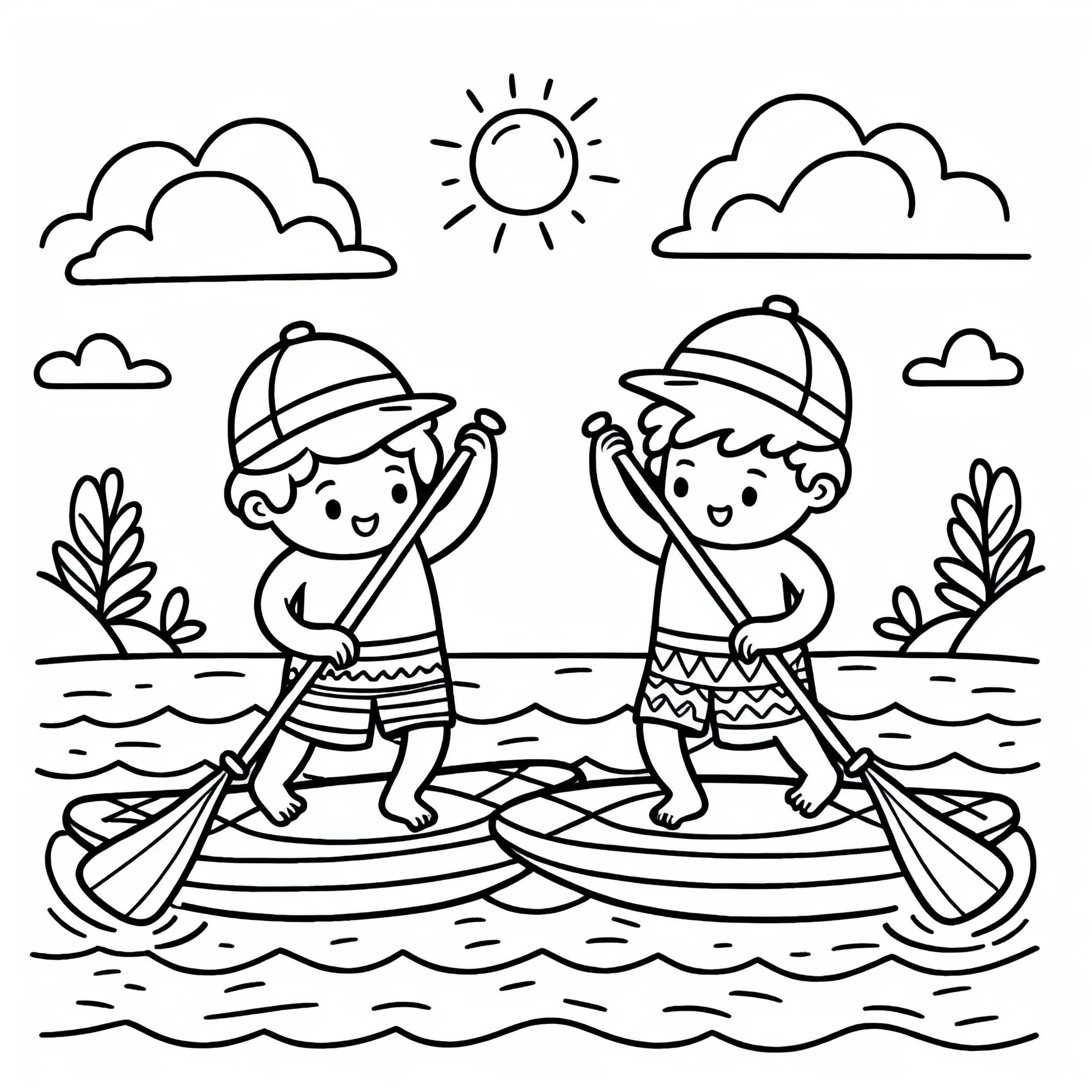 Zwei Paddleboarder wechseln spielerisch ihre Bretter auf dem Wasser – Ausmalbild kostenlos