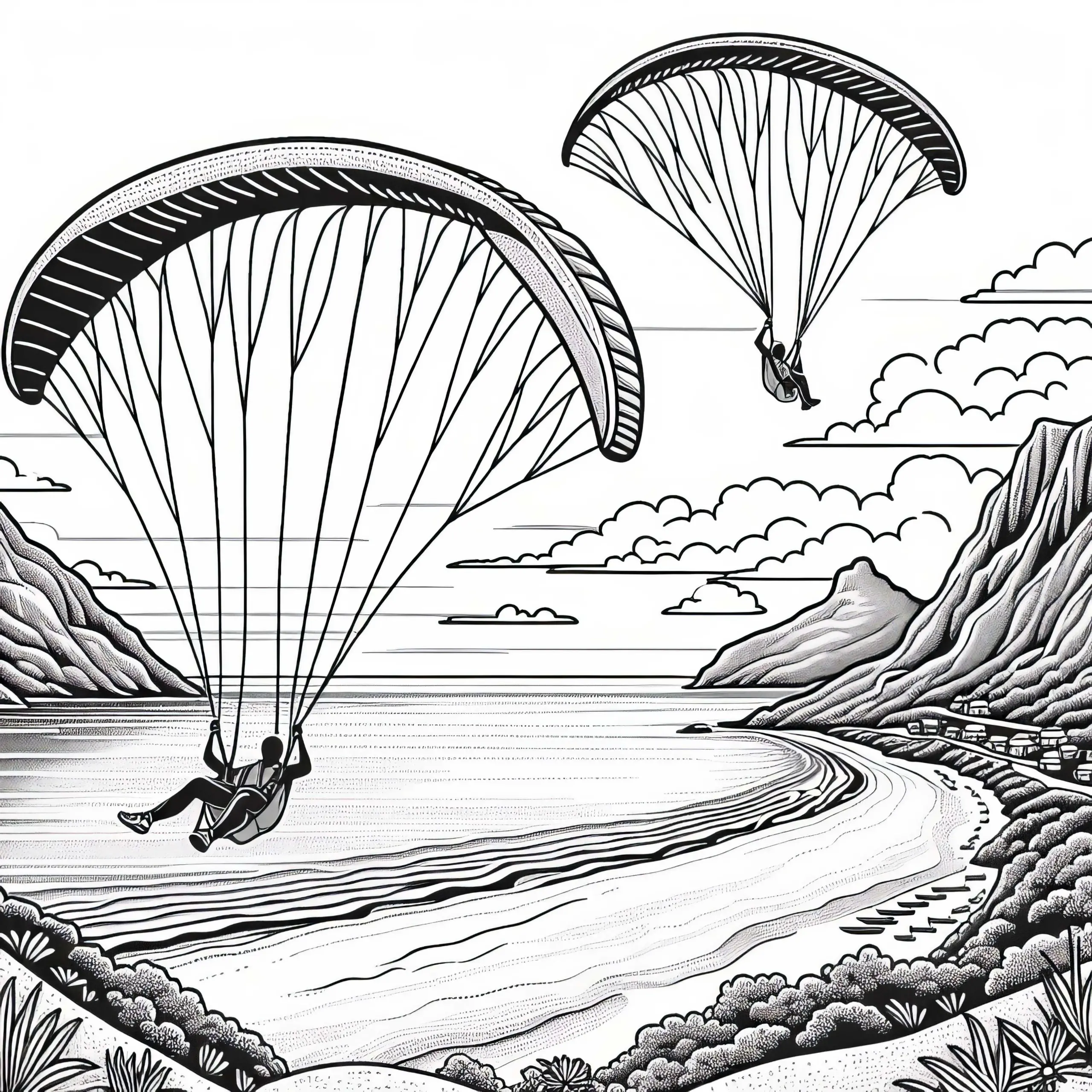 Zwei Paraglider Gleiten Über Küstenlandschaft – Ausmalbild Kostenlos