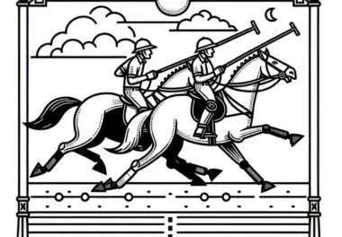 Zwei Pferde preschen beim Polo dicht nebeneinander über das Spielfeld – Ausmalbild kostenlos