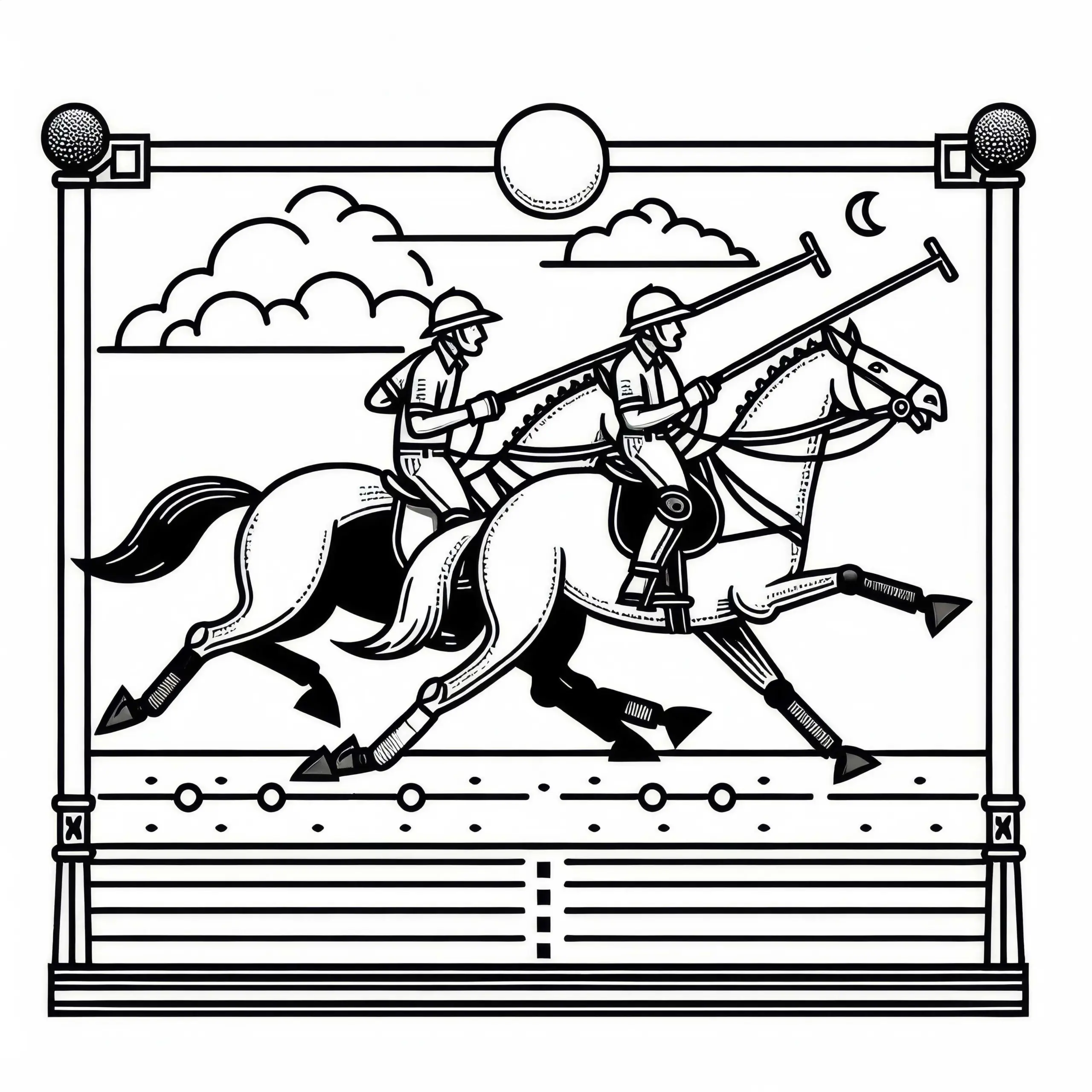 Zwei Pferde preschen beim Polo dicht nebeneinander über das Spielfeld – Ausmalbild kostenlos