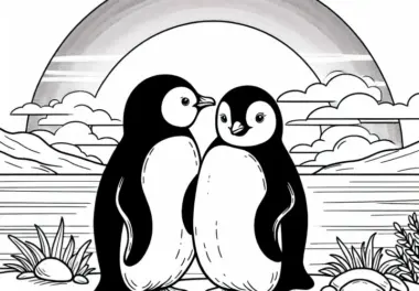 Zwei Pinguine vor Sonnenuntergang – Malvorlage Kostenlos
