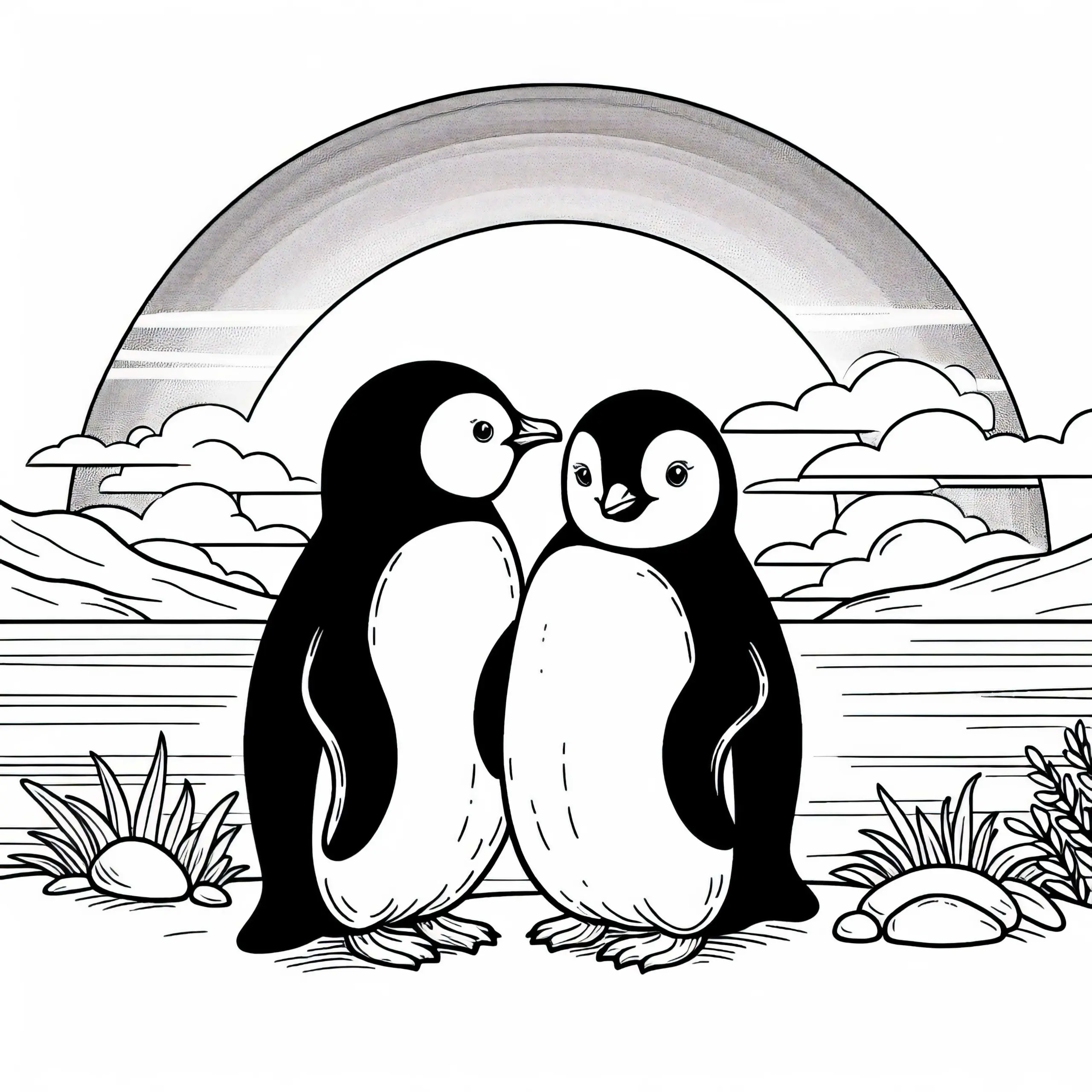 Zwei Pinguine vor Sonnenuntergang – Malvorlage Kostenlos (Ausmalbild)
