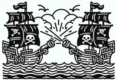 Zwei Piratenschiffe liefern sich ein Kanonenduell – Malvorlage gratis