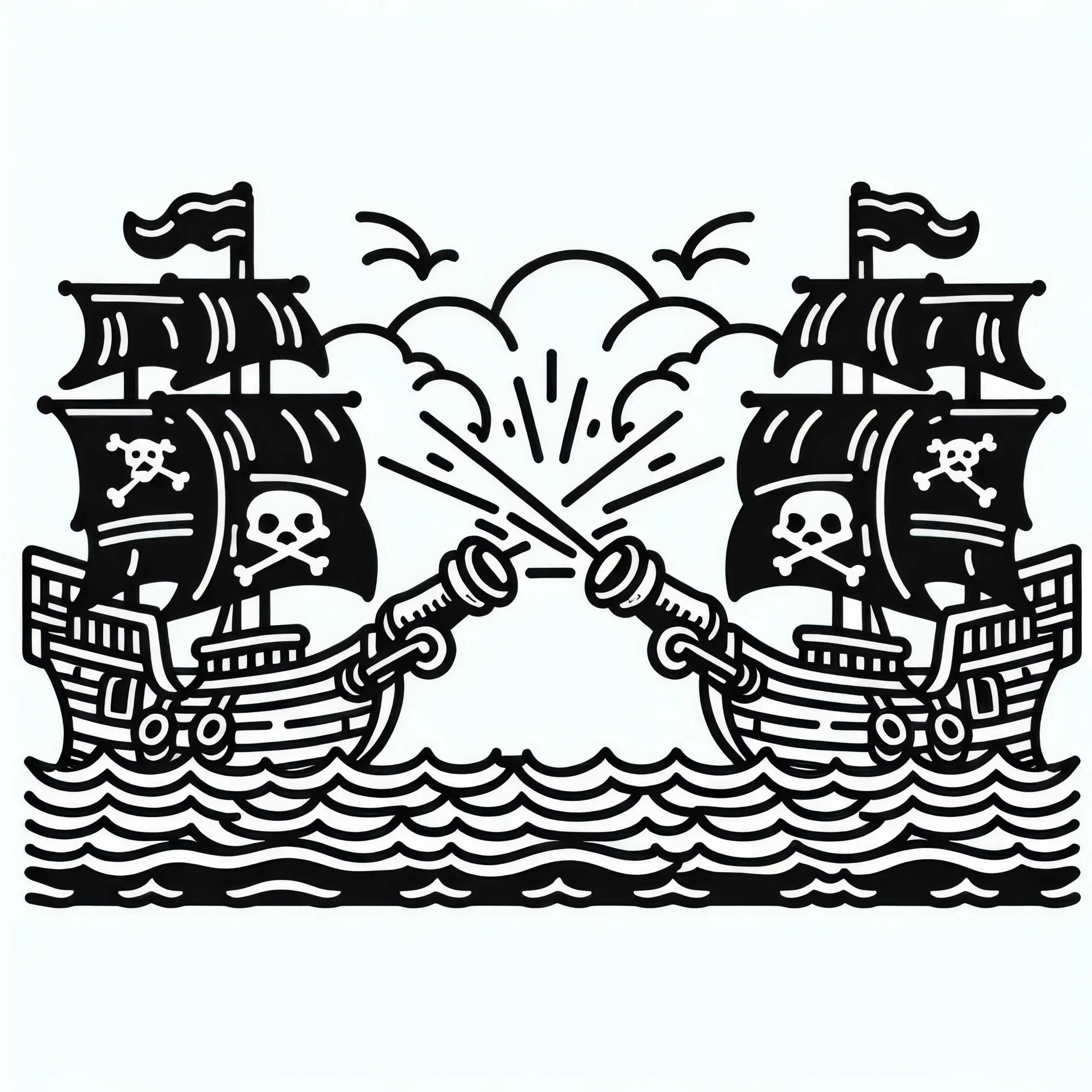 Zwei Piratenschiffe liefern sich ein Kanonenduell – Malvorlage gratis (Ausmalbild)