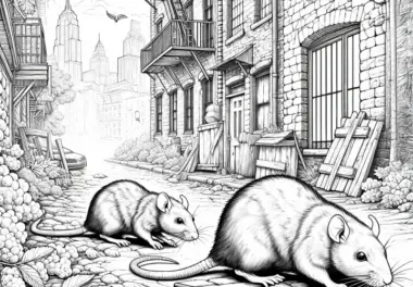 Zwei Ratten huschen durch die Gasse in der Stadt – Ausmalbild
