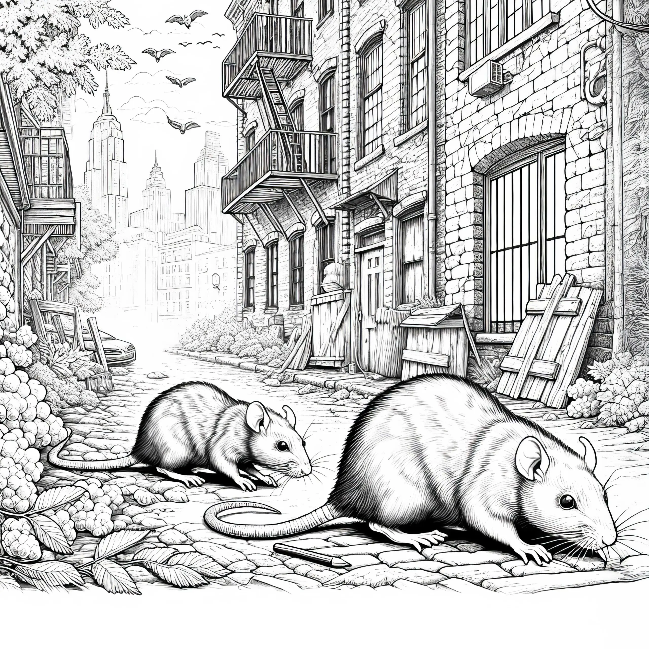 Zwei Ratten huschen durch die Gasse in der Stadt – Ausmalbild