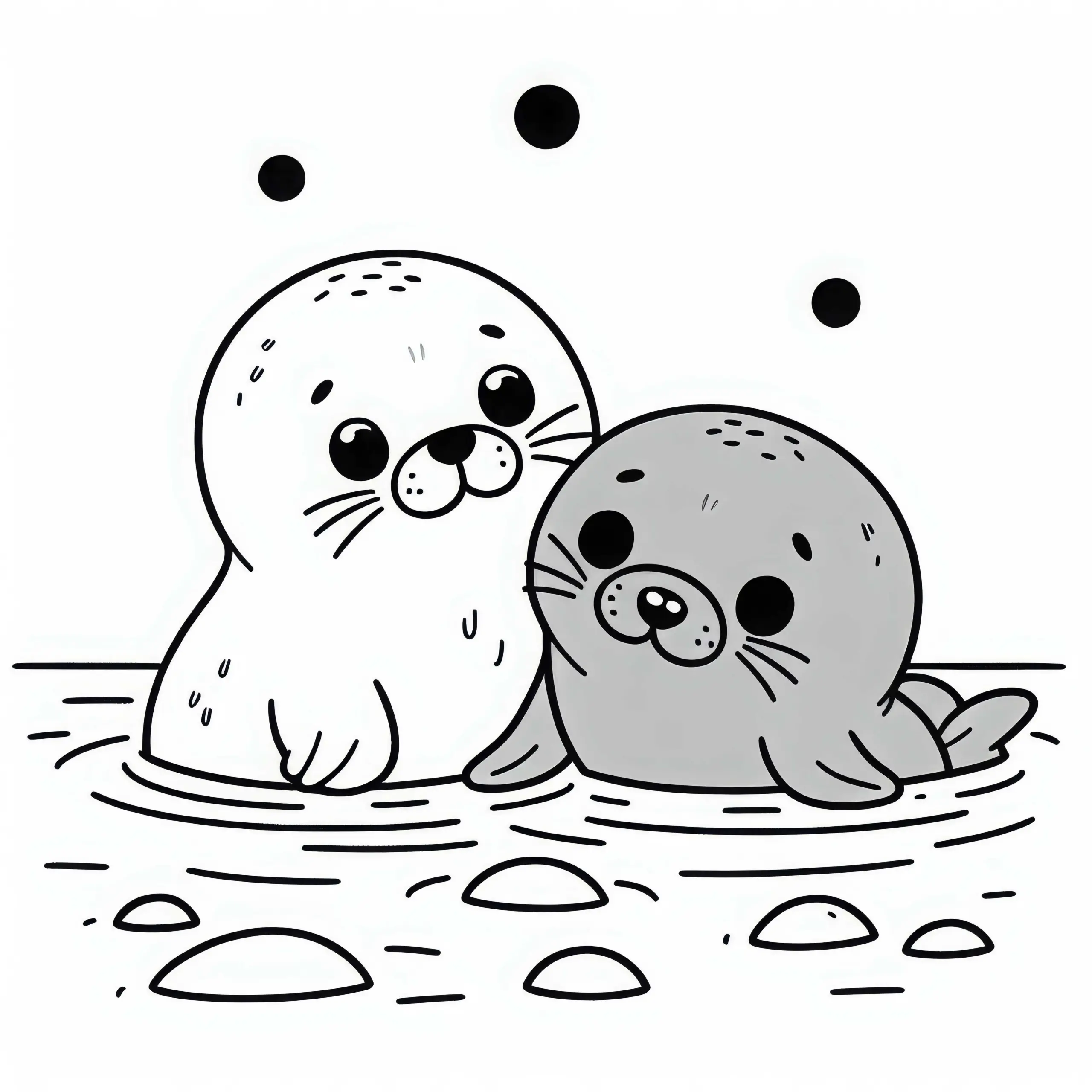 Zwei Robben Spielen Miteinander im Seichten Wasser – Ausmalbild Einfach Kostenlos