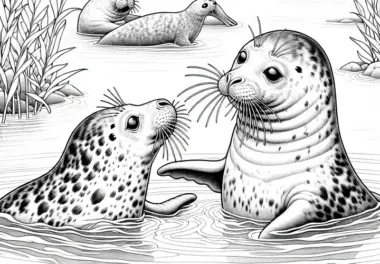 Zwei Robben spielen miteinander im seichten Wasser – Malvorlage detailreich gratis