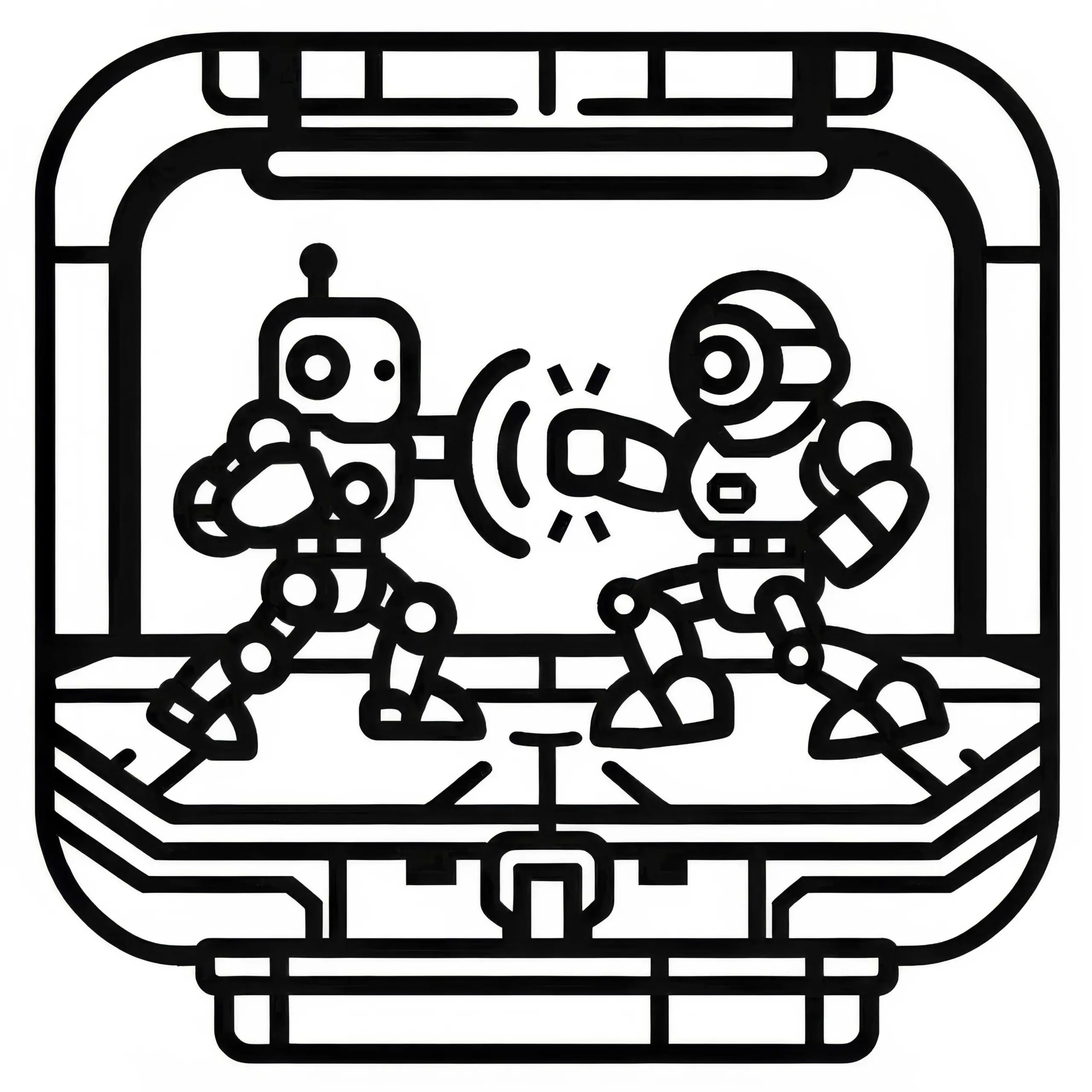 Zwei Roboter kämpfen in Hightech Arena: Einfaches Ausmalbild (Kostenlos)