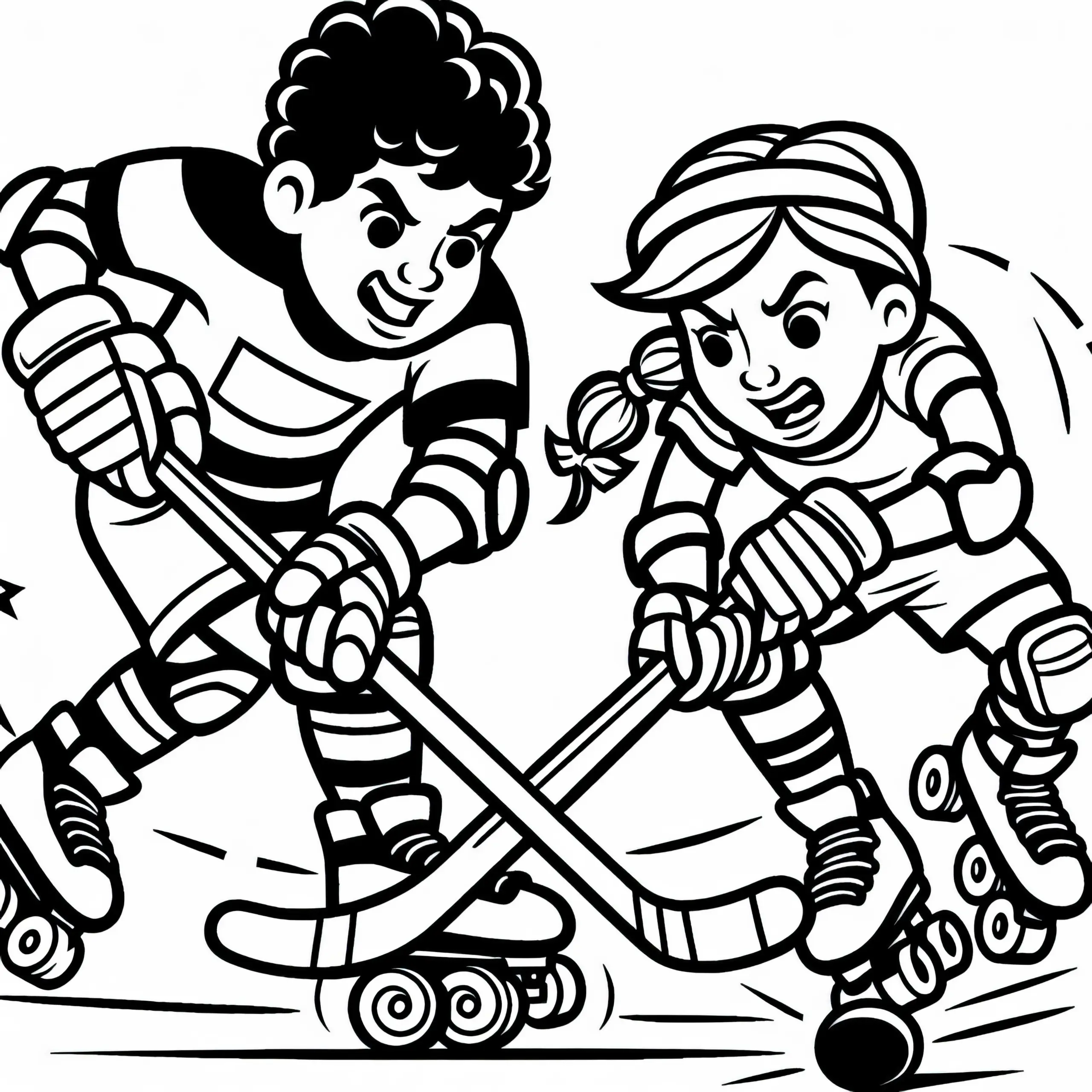 Zwei Rollhockey-Spieler kämpfen um den Puck – Malvorlage kostenlos (Ausmalbild)