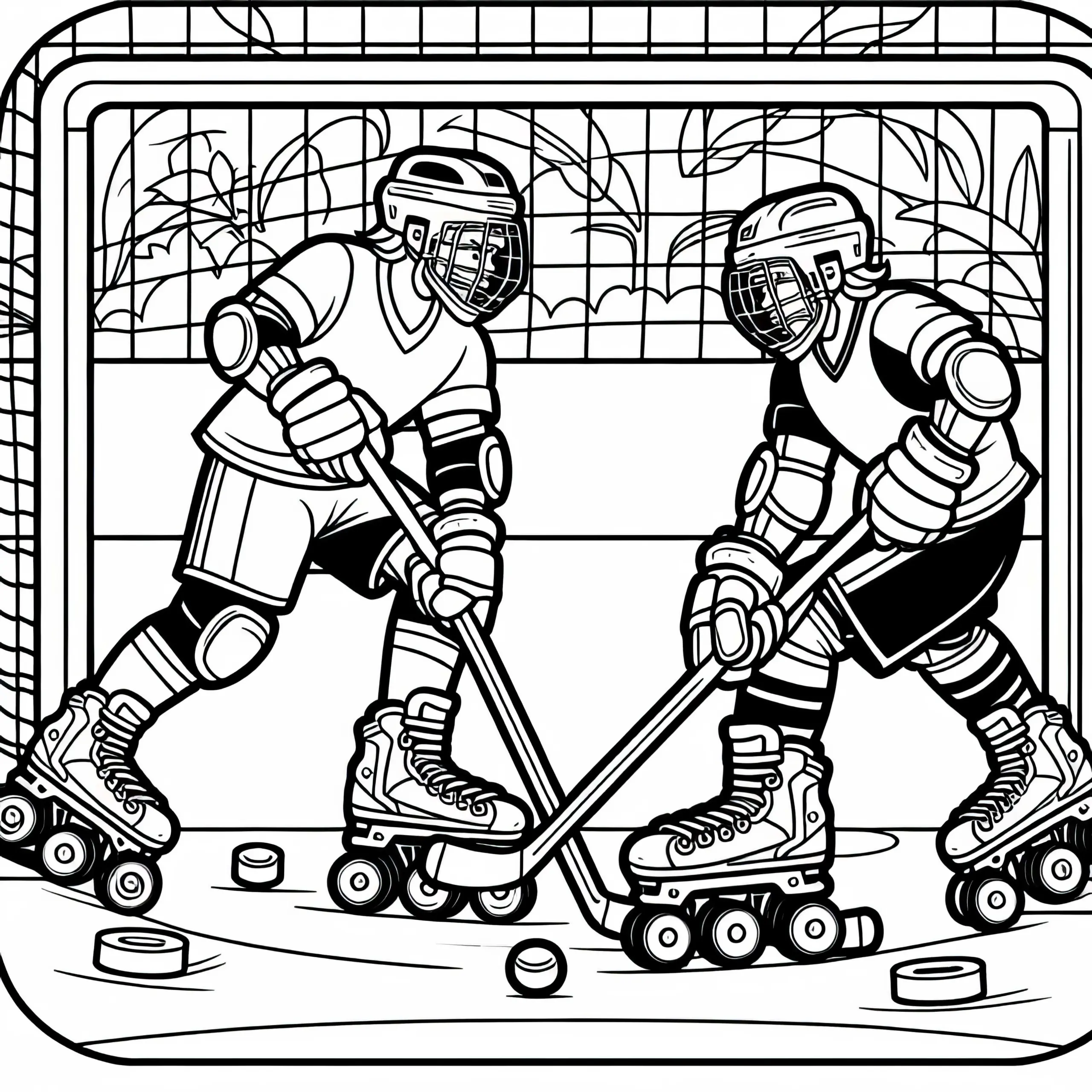 Zwei Rollhockey-Spieler liefern sich ein hartes Duell – Ausmalbild gratis