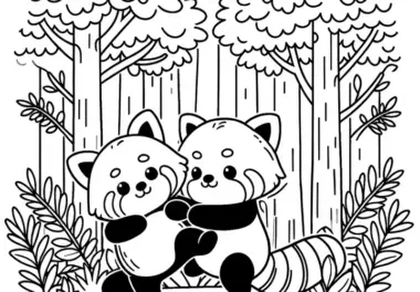 Zwei rote Pandas spielen miteinander im dichten Wald – Ausmalbild gratis