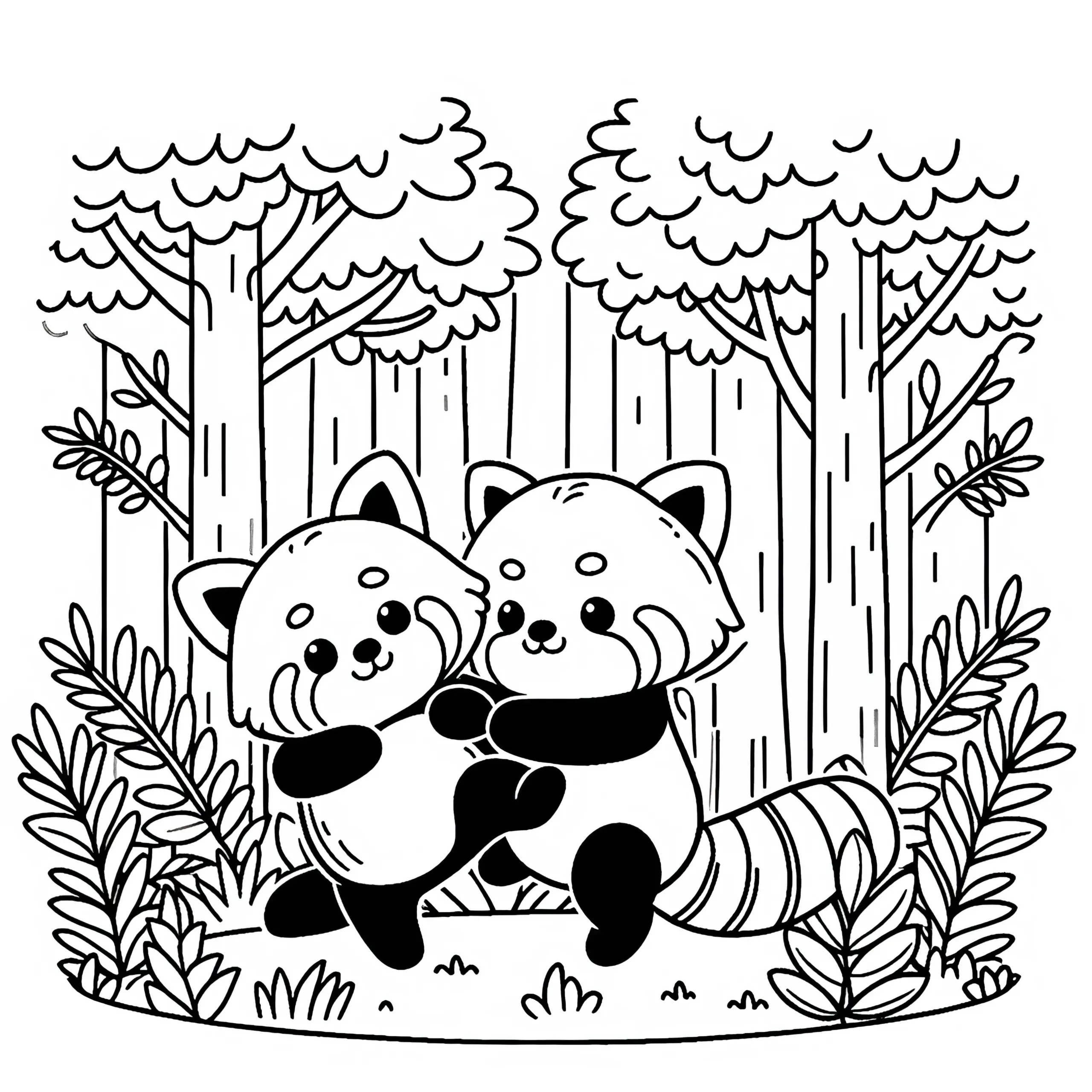 Zwei rote Pandas spielen miteinander im dichten Wald – Ausmalbild gratis