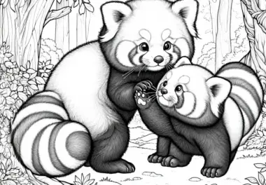 Zwei rote Pandas spielen miteinander im Wald – Malvorlage detailreich gratis