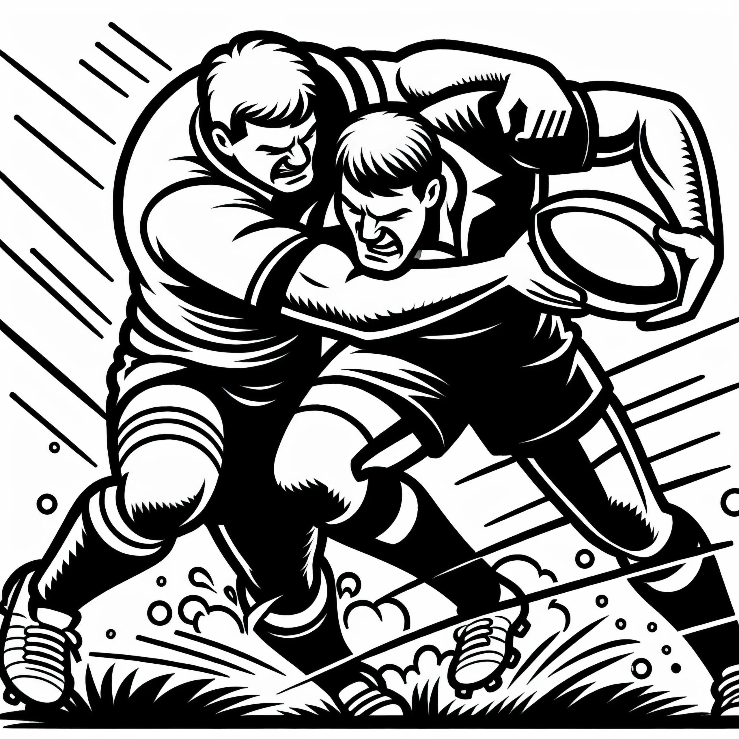 Zwei Rugby-Gegner stoßen in intensivem Zweikampf zusammen (Ausmalbild)