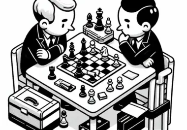 Zwei Schachkontrahenten analysieren Partie nach dem Spiel – Malvorlage kostenlos