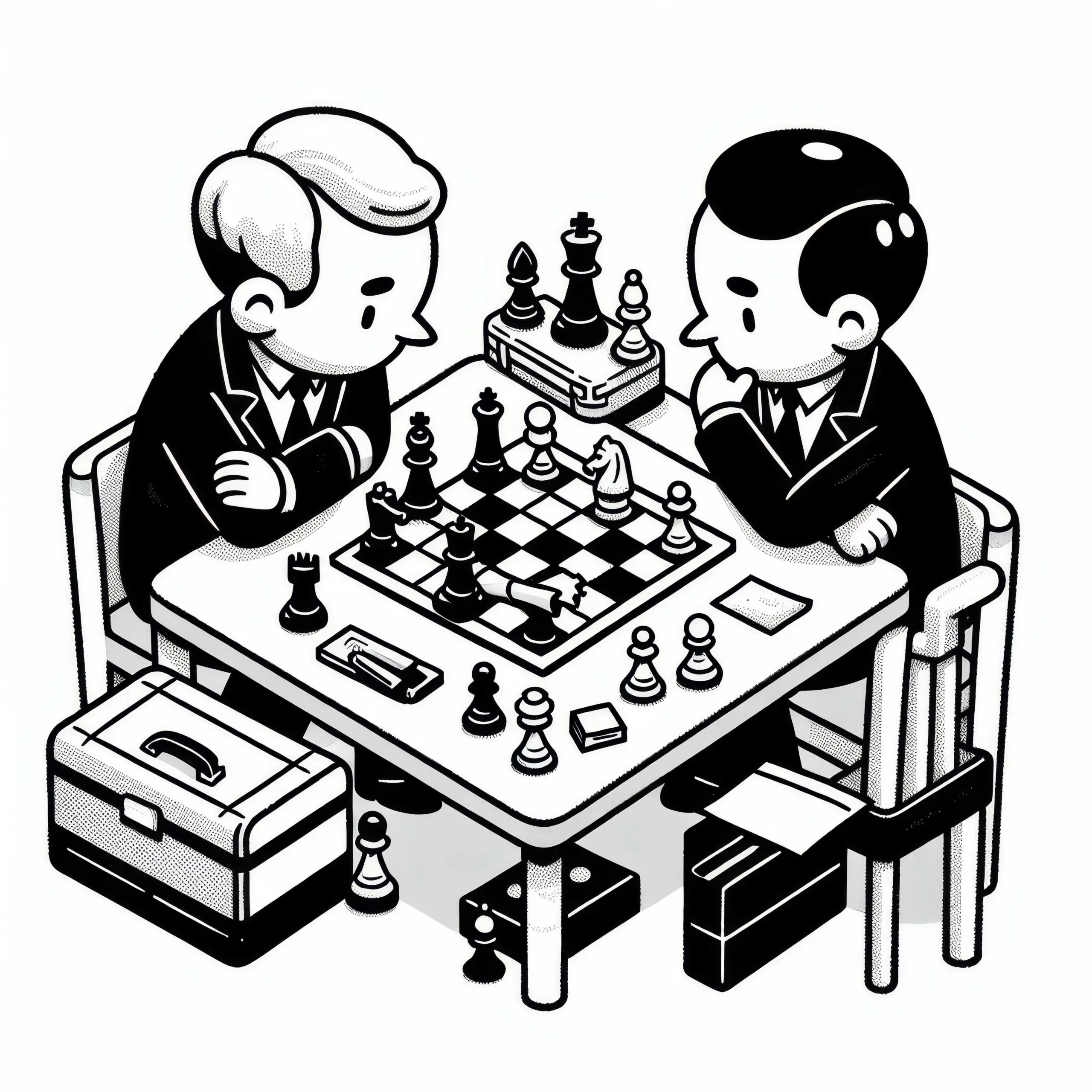 Zwei Schachkontrahenten analysieren Partie nach dem Spiel – Malvorlage kostenlos (Ausmalbild)