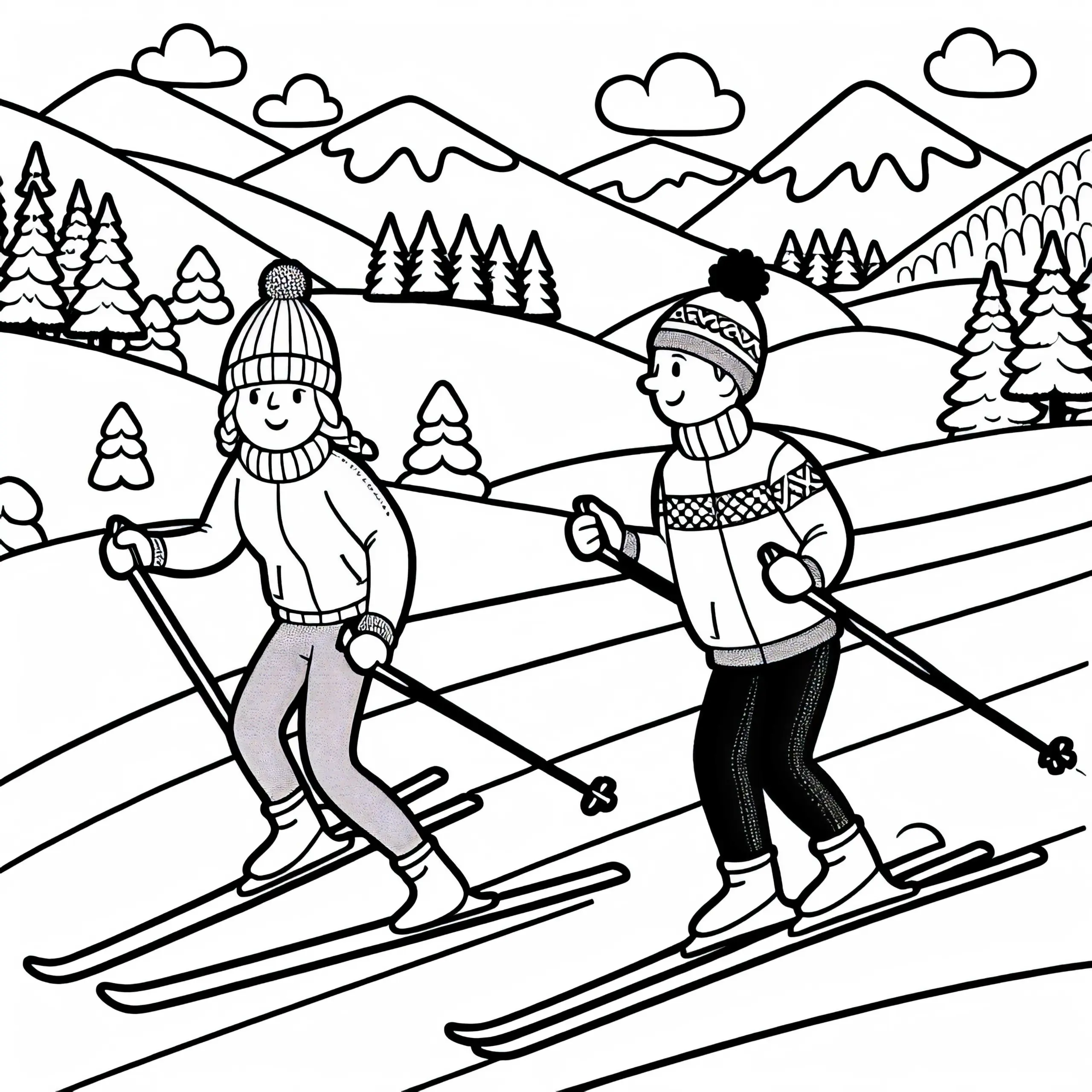 Zwei Skifahrer Fahren Beim Langlauf Nebeneinander – Malvorlage Gratis (Ausmalbild)