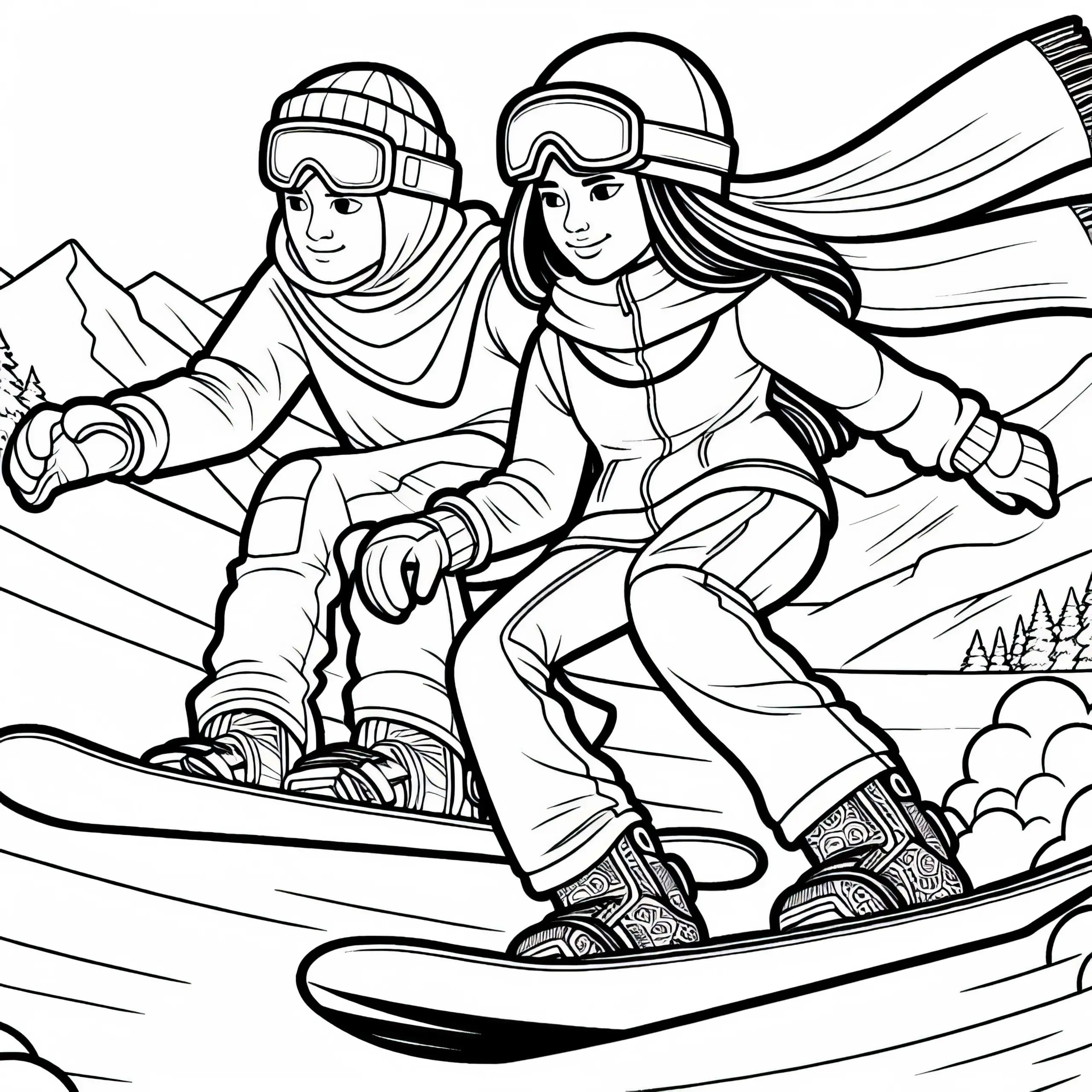Zwei Snowboarder liefern sich ein Rennen – Malvorlage gratis (Ausmalbild)