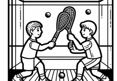 Zwei Squashspieler wechseln schnelle Ballwechsel – Malvorlage gratis