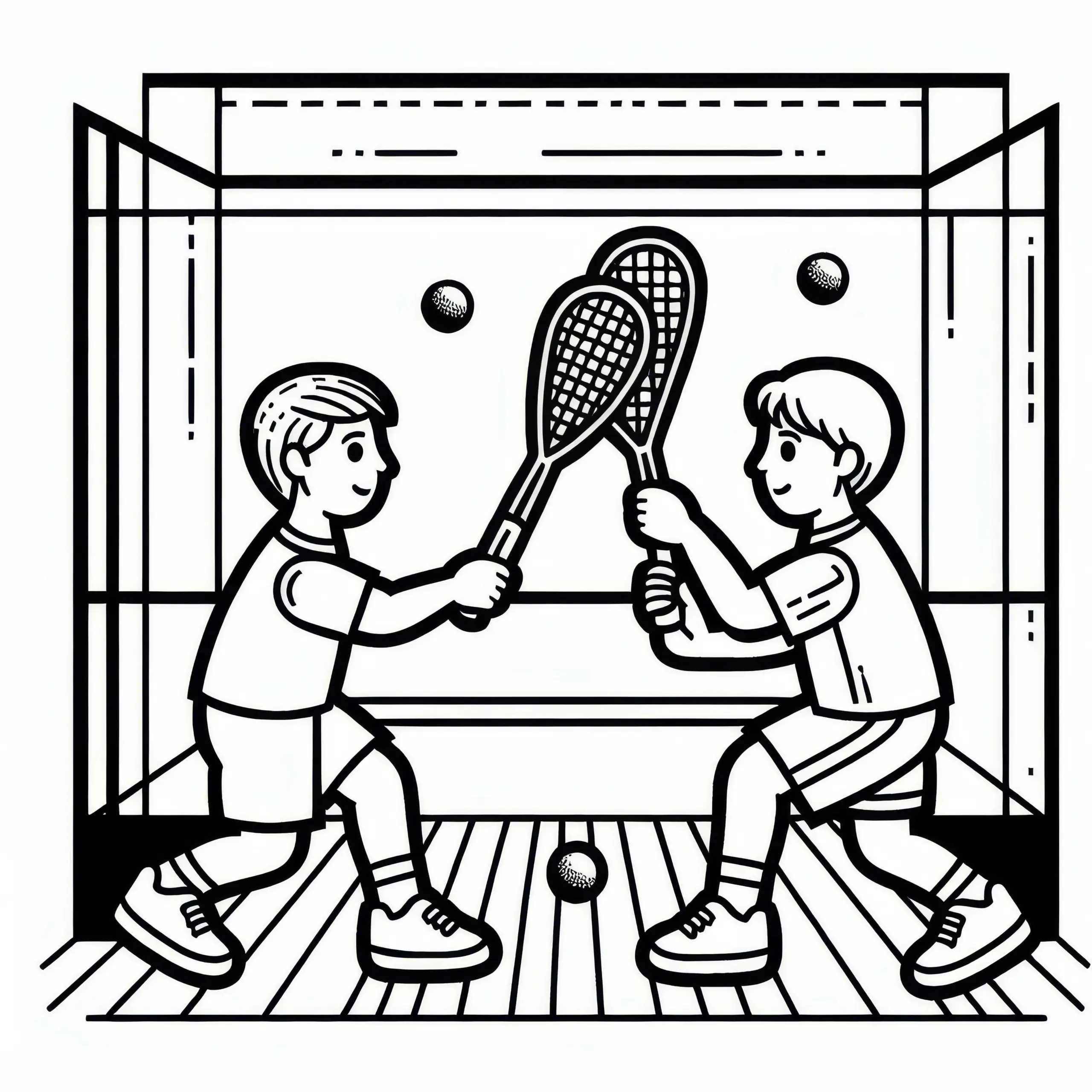 Zwei Squashspieler wechseln schnelle Ballwechsel – Malvorlage gratis (Ausmalbild)