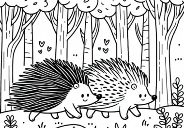 Zwei Stachelschweine laufen nebeneinander durch den Wald – Malvorlage kostenlos