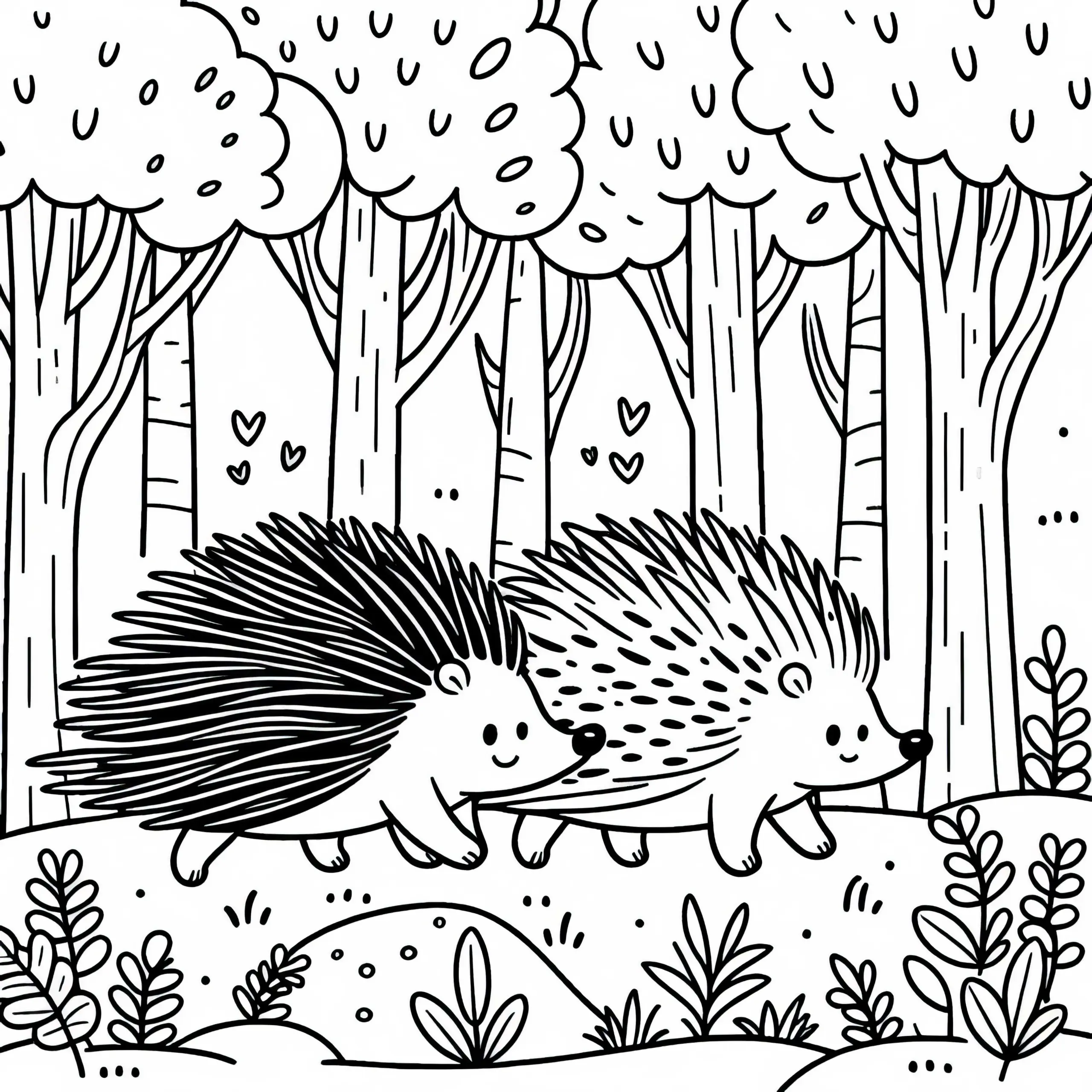 Zwei Stachelschweine laufen nebeneinander durch den Wald – Malvorlage kostenlos (Ausmalbild)