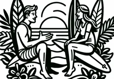 Zwei Surfer sitzen auf Boards und unterhalten sich – Ausmalbild kostenlos