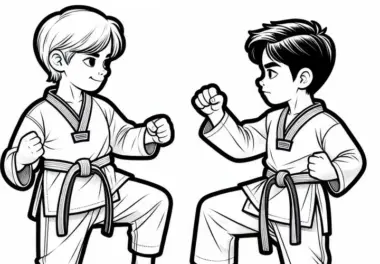 Zwei Taekwondo Kämpfer Stehen Sich In Kampfstellung Gegenüber – Ausmalbild Kostenlos