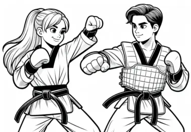Zwei Taekwondo-Wettkämpfer Tragen Schutzausrüstung – Ausmalbild Kostenlos