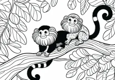 Zwei Tamarine spielen miteinander im Geäst – Ausmalbild kostenlos