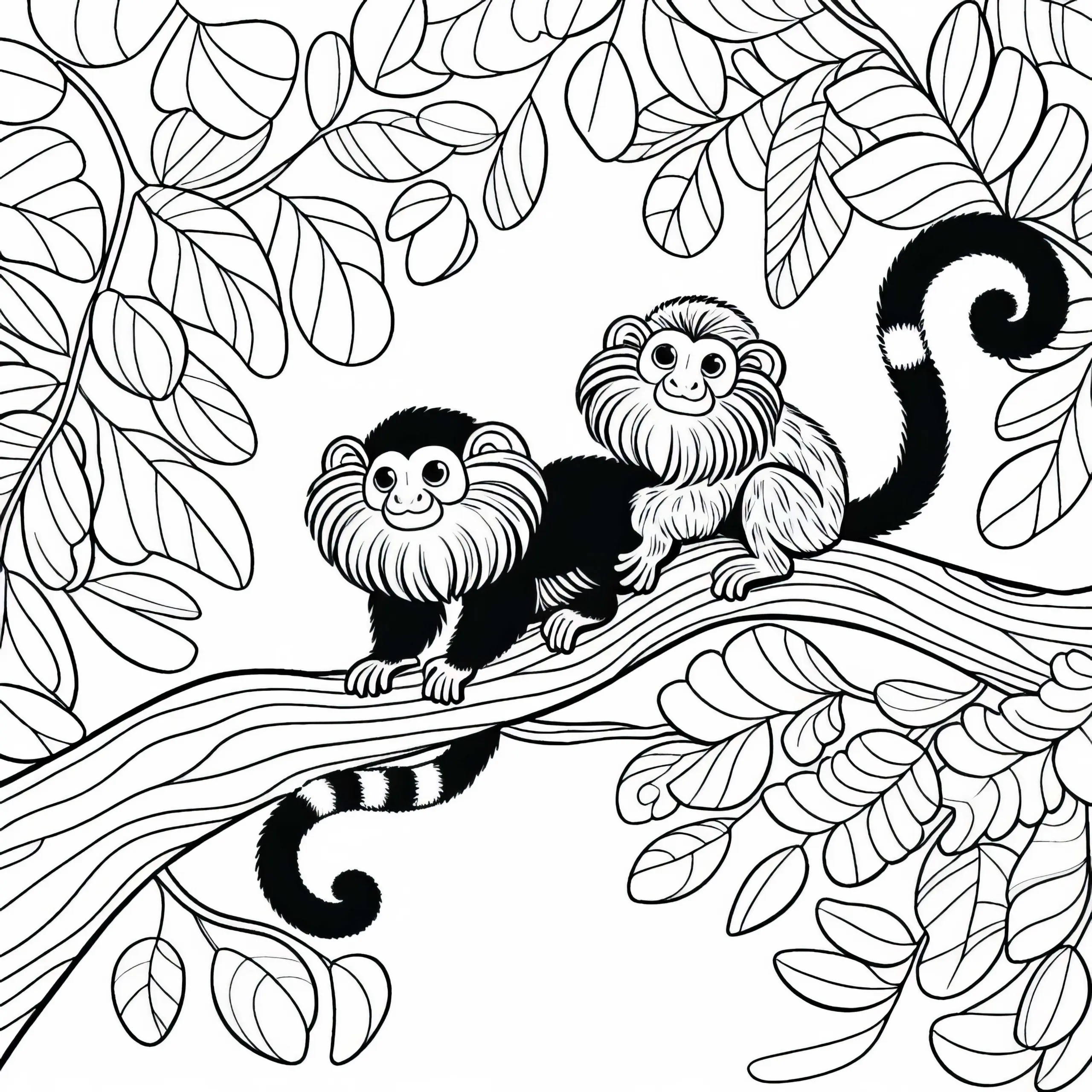 Zwei Tamarine spielen miteinander im Geäst – Ausmalbild kostenlos