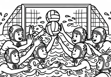 Zwei Teams kämpfen um Wasserball – Ausmalbild kostenlos