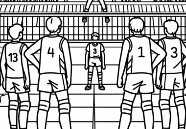 Zwei Teams stehen sich auf dem Volleyballfeld gegenüber – Malvorlage kostenlos