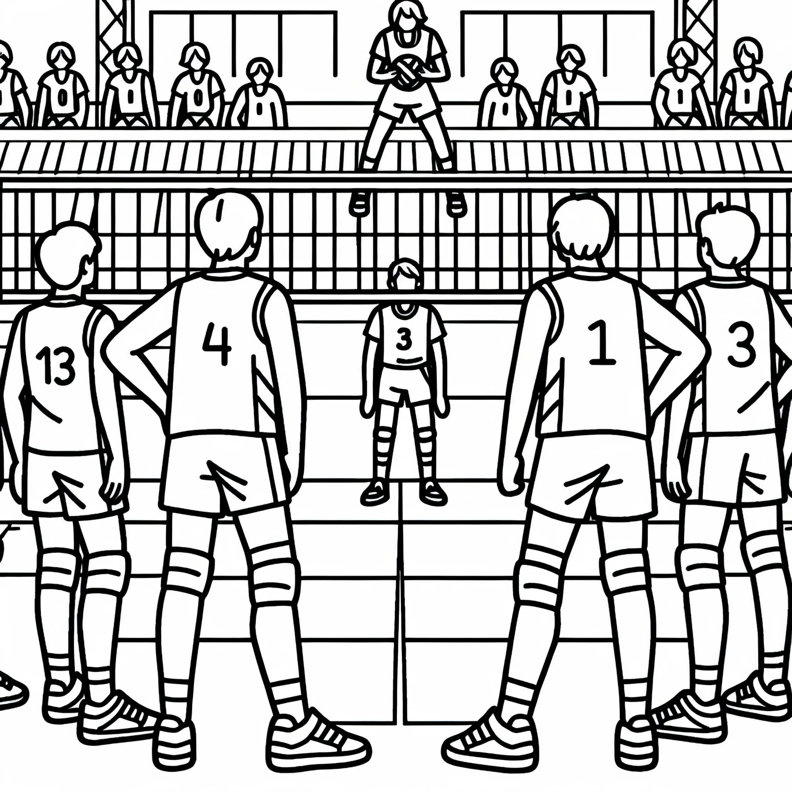 Zwei Teams stehen sich auf dem Volleyballfeld gegenüber – Malvorlage kostenlos (Ausmalbild)