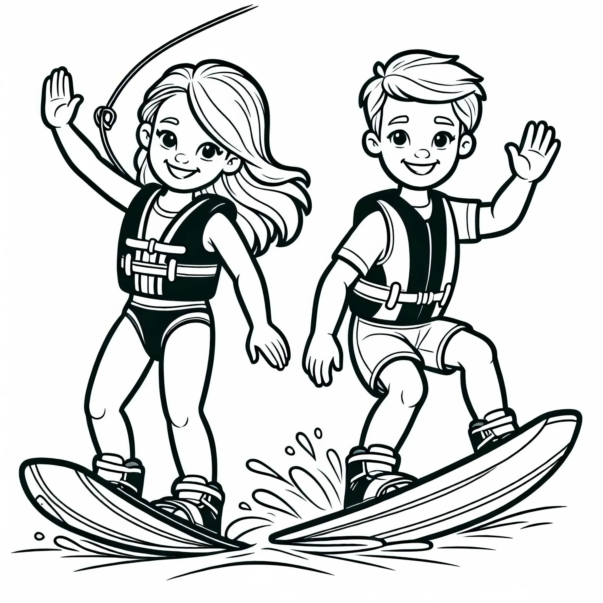 Zwei Wakeboarder fahren nebeneinander und winken – Ausmalbild kostenlos