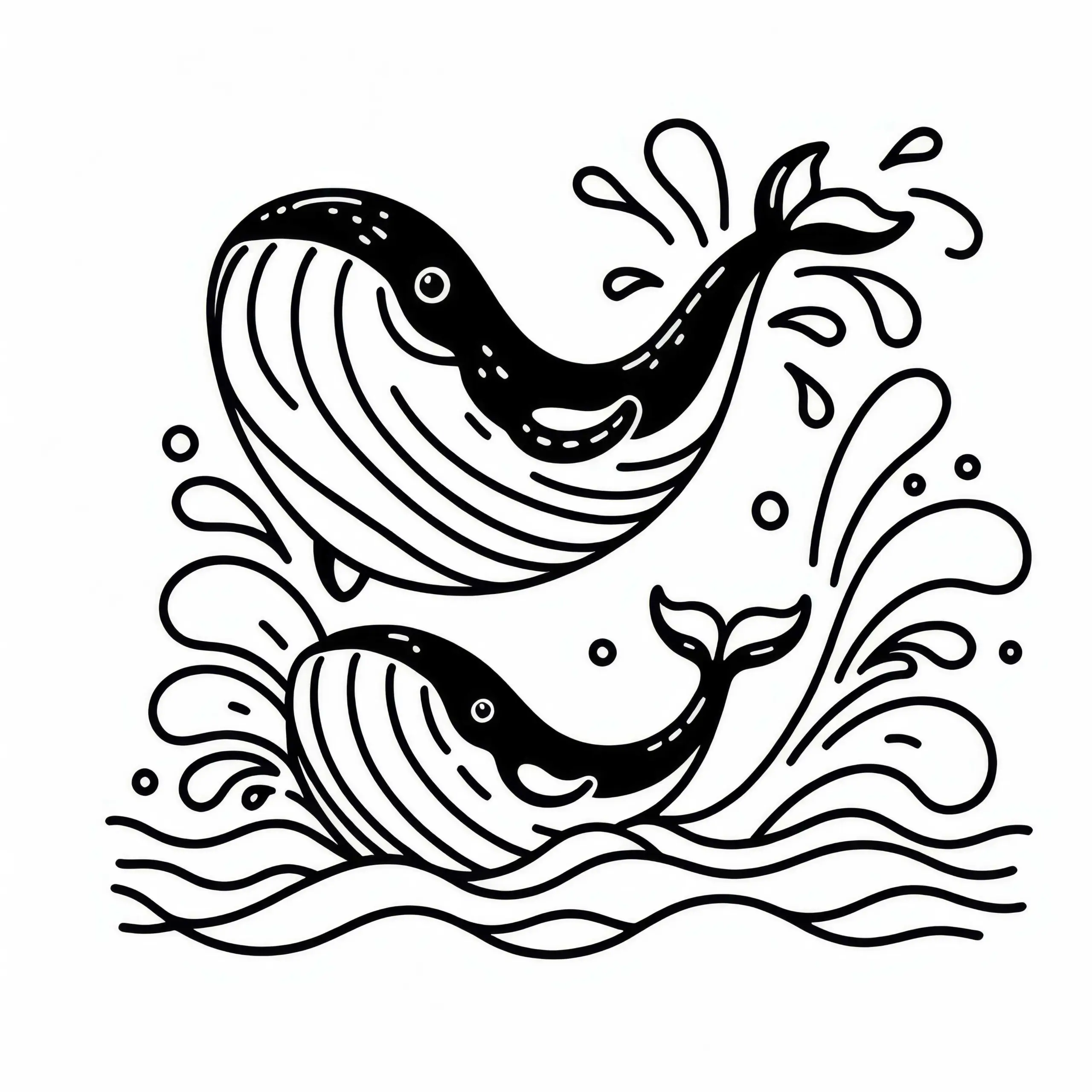 Zwei Wale springen aus dem Wasser: Einfache Malvorlage (Kostenlos) (Ausmalbild)