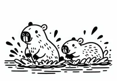 Zwei Wasserschweine Spielen Miteinander im Wasser – Ausmalbild Gratis