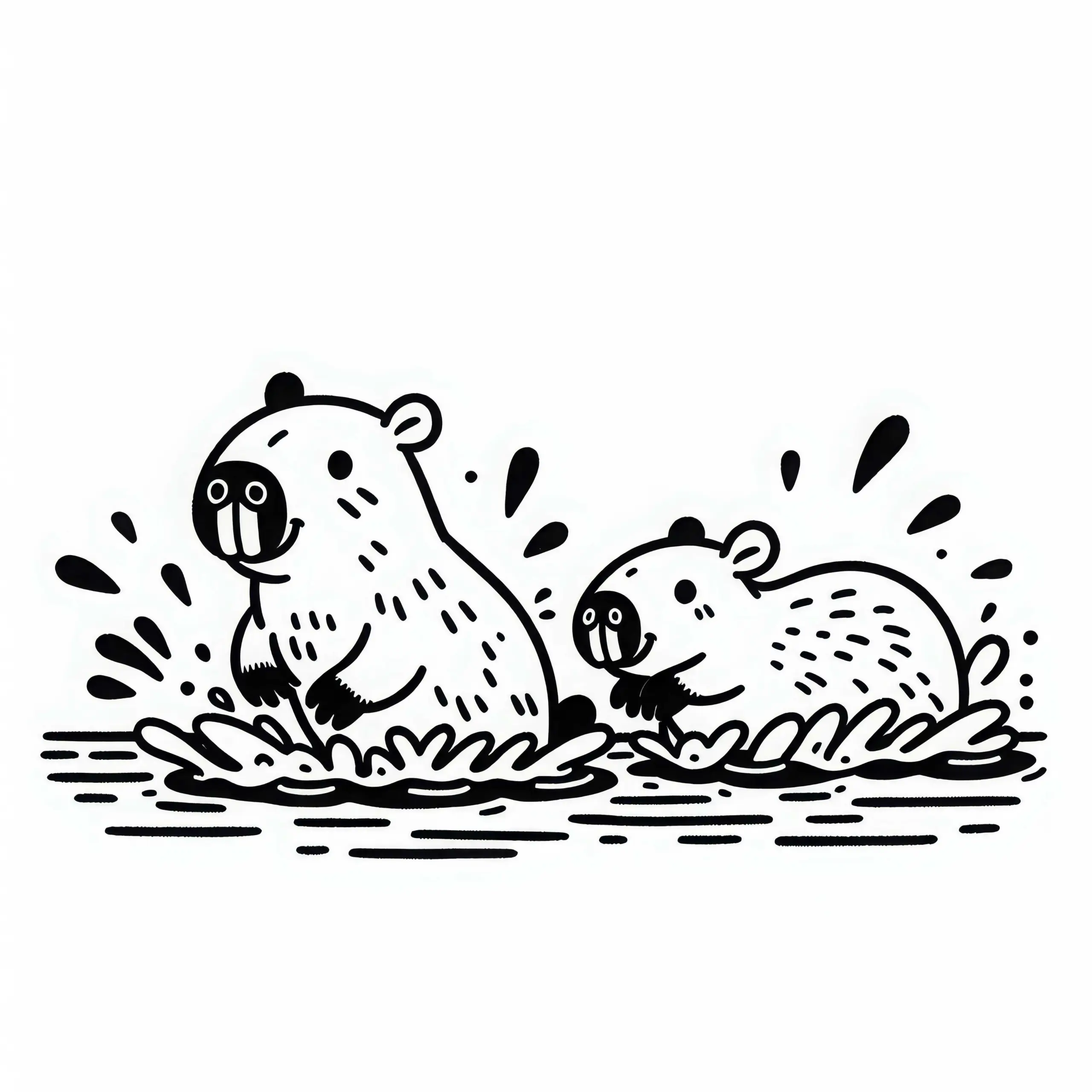 Zwei Wasserschweine Spielen Miteinander im Wasser – Ausmalbild Gratis