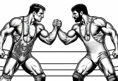 Zwei Wrestler stehen sich im Ring gegenüber – Malvorlage detailreich und kostenlos