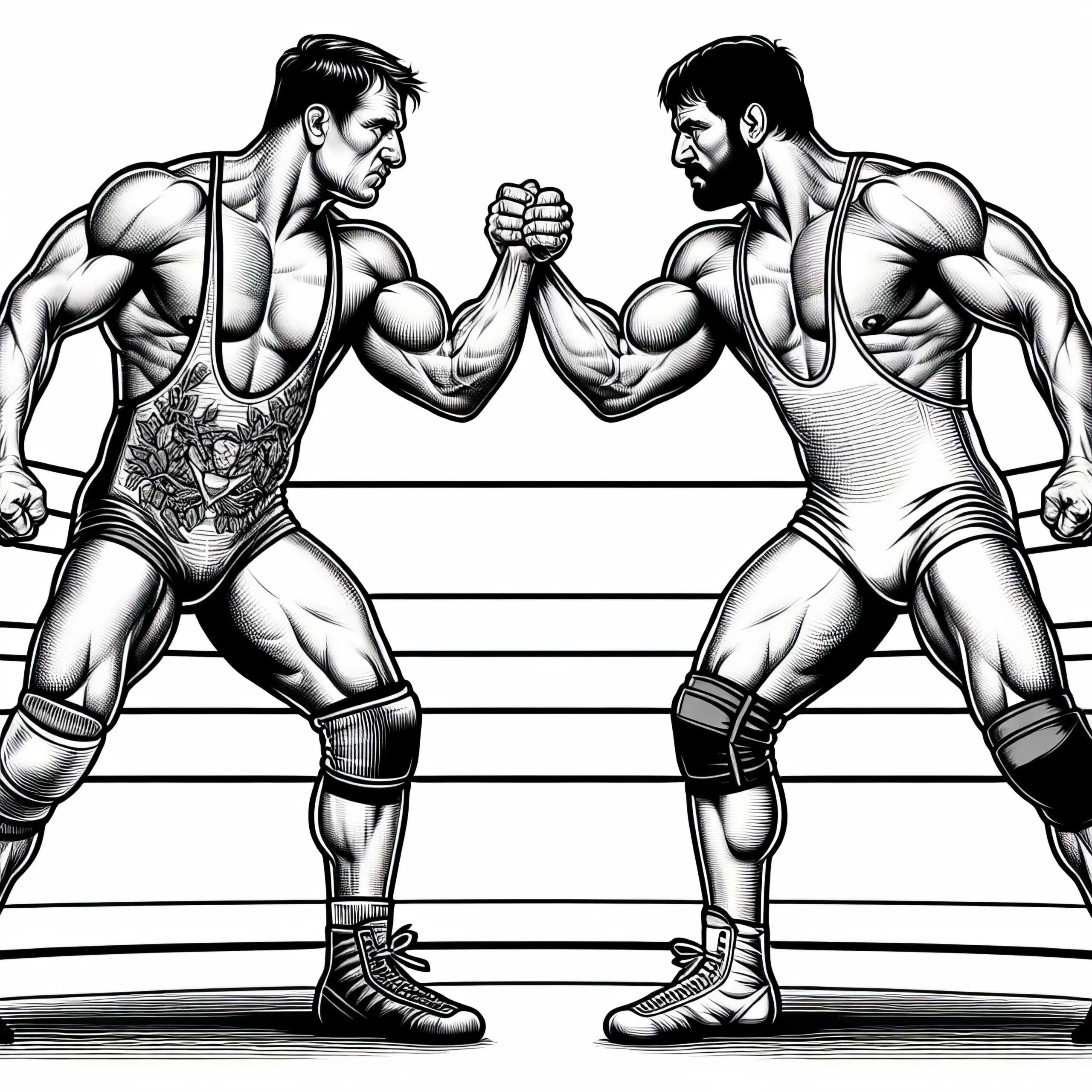 Zwei Wrestler stehen sich im Ring gegenüber – Malvorlage detailreich und kostenlos (Ausmalbild)