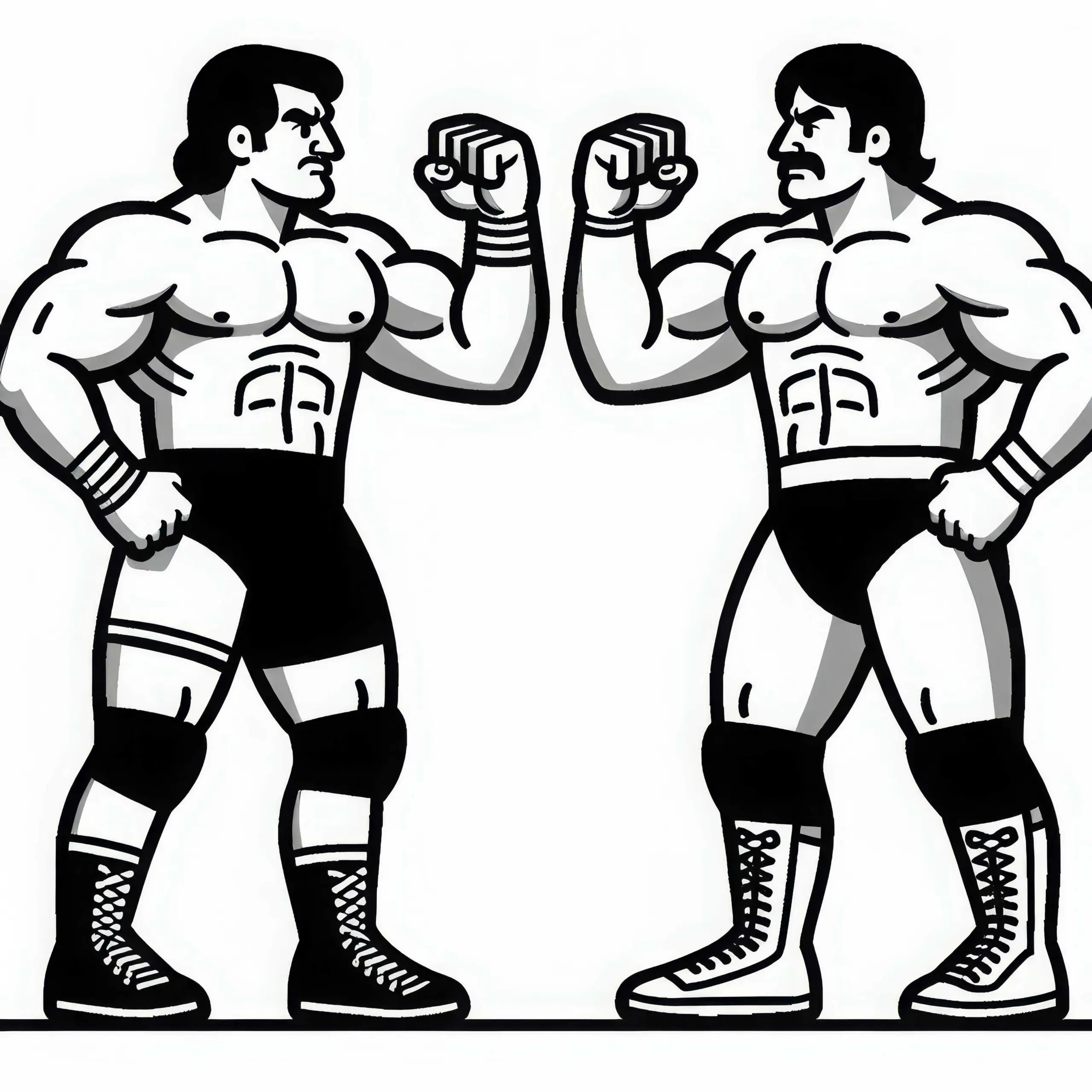 Zwei Wrestler stehen sich mit erhobenen Fäusten im Ring gegenüber – Ausmalbild kostenlos