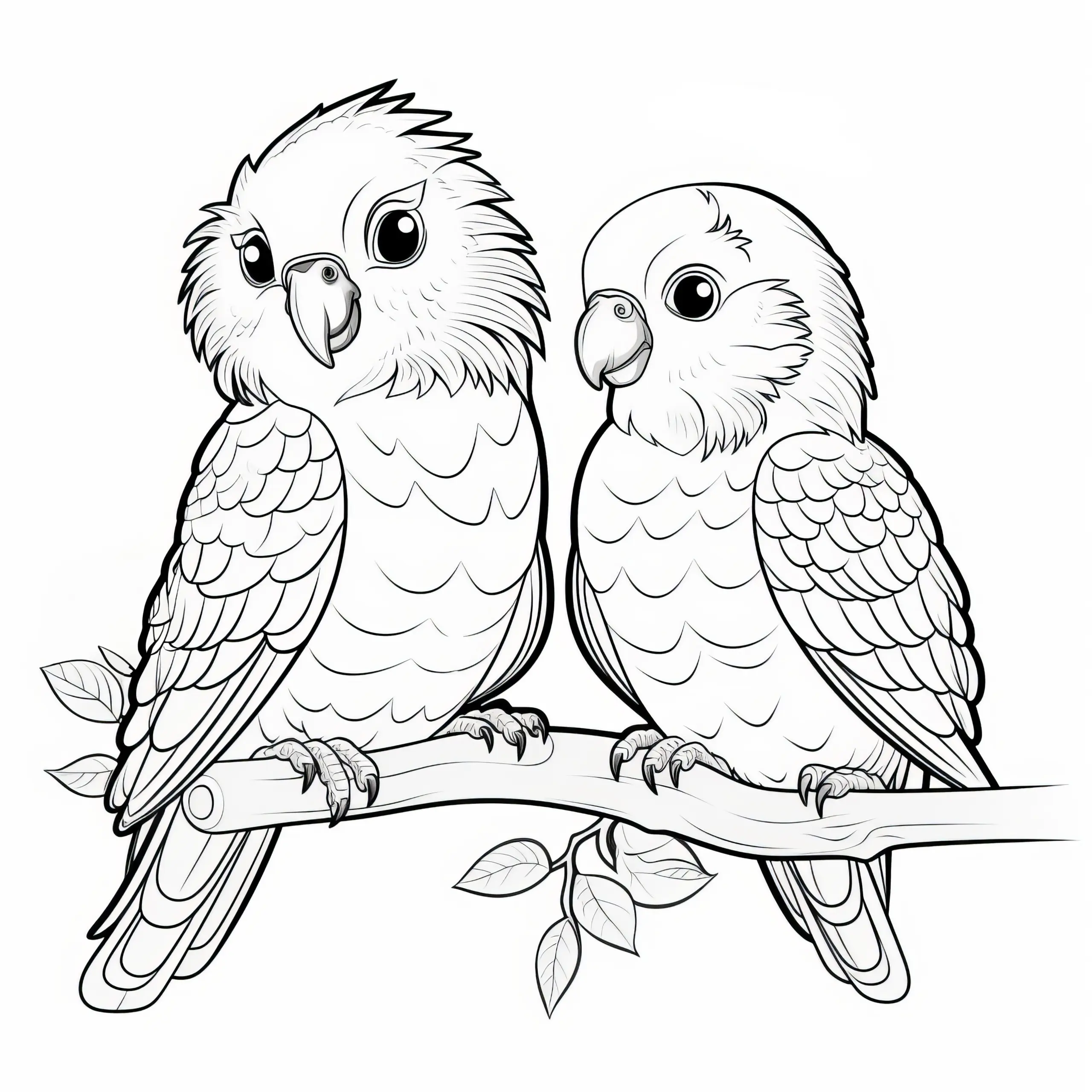 Zwei wunderschöne Vögel auf einem Ast: Malvorlage zum Download (Gratis) (Ausmalbild)