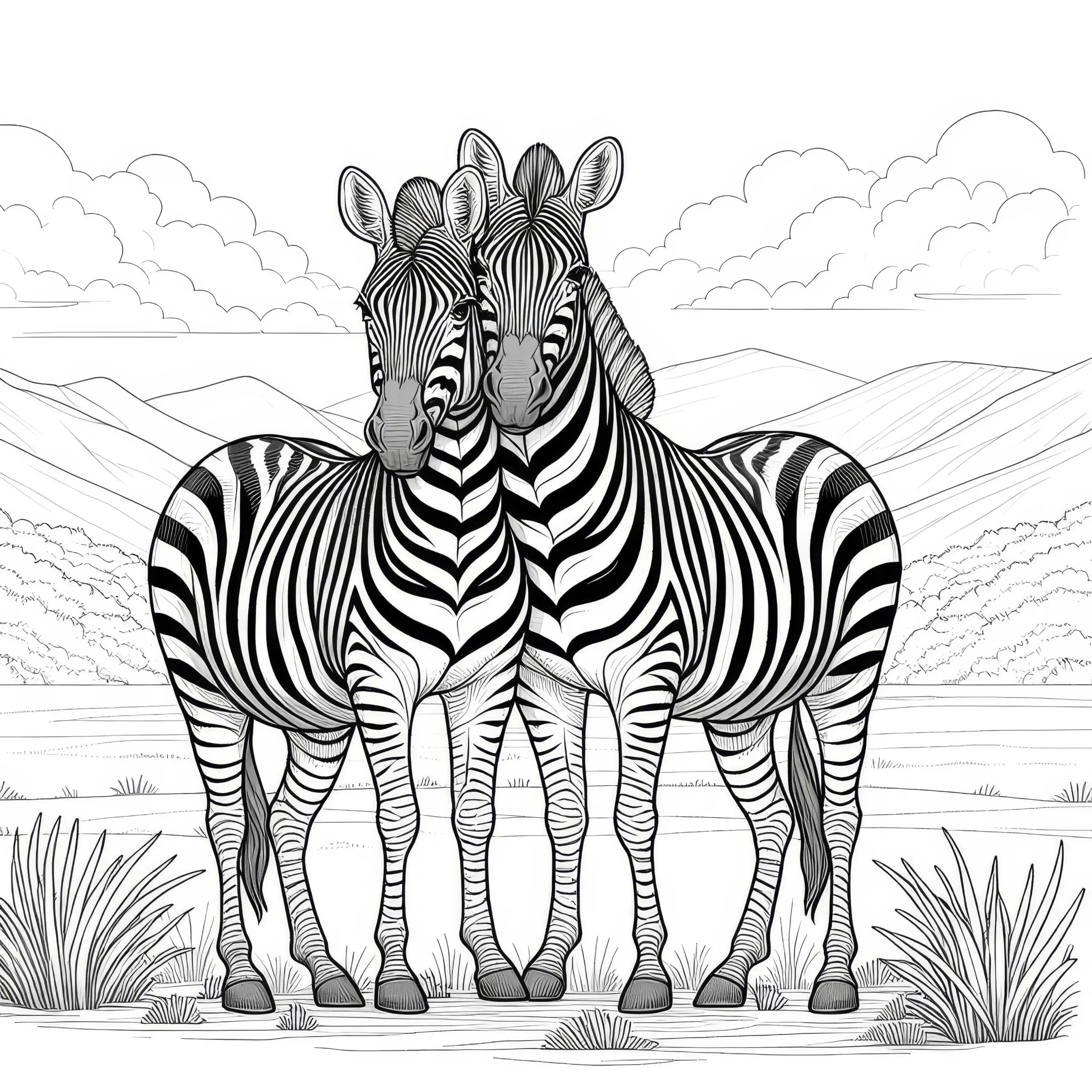Zwei Zebras in einer Naturlandschaft: Malvorlage zum Download (Kostenlos) (Ausmalbild)