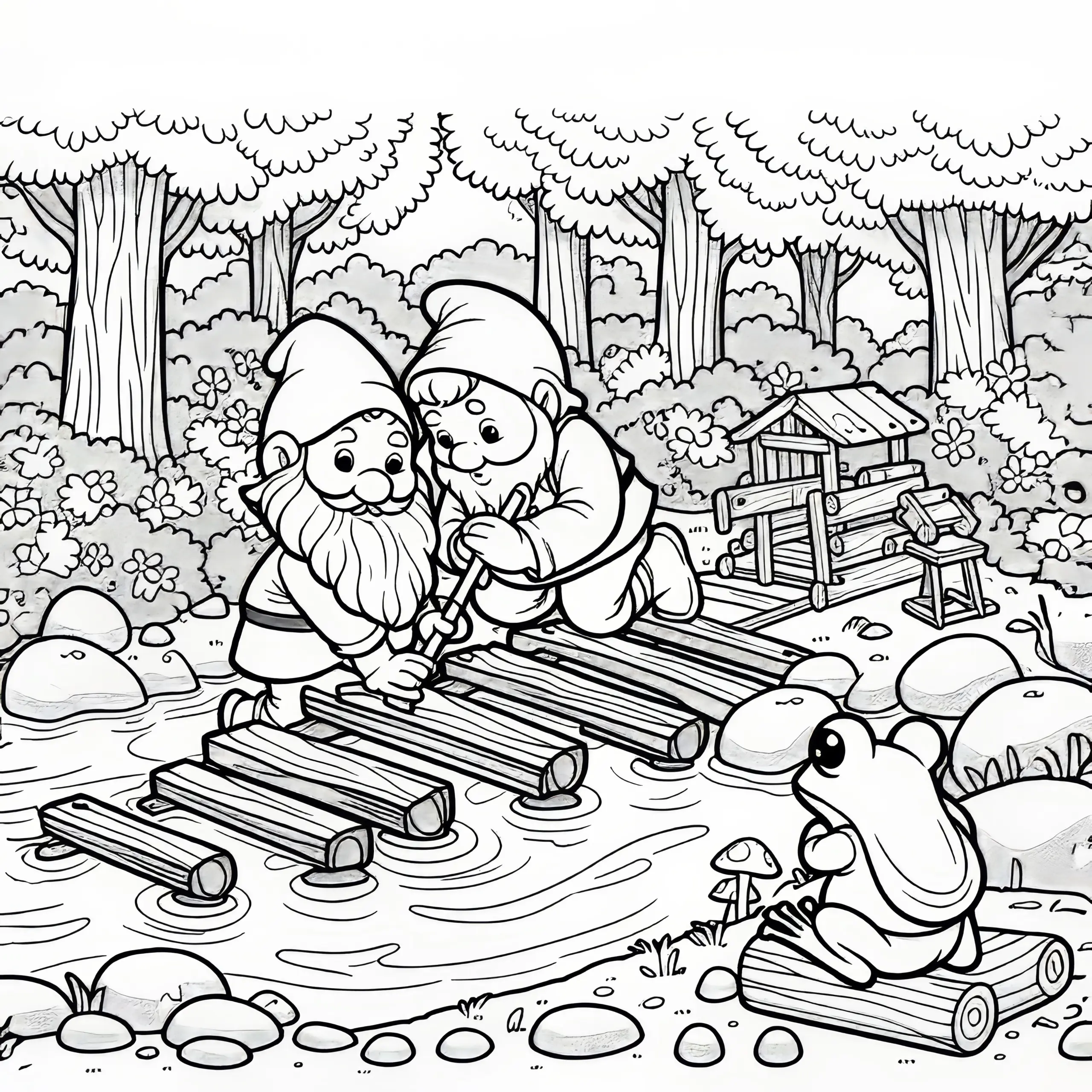 Zwei Zwerge bauen eine Holzbrücke, während ein Frosch zusieht: Ausmalbild zum Herunterladen (Gratis)