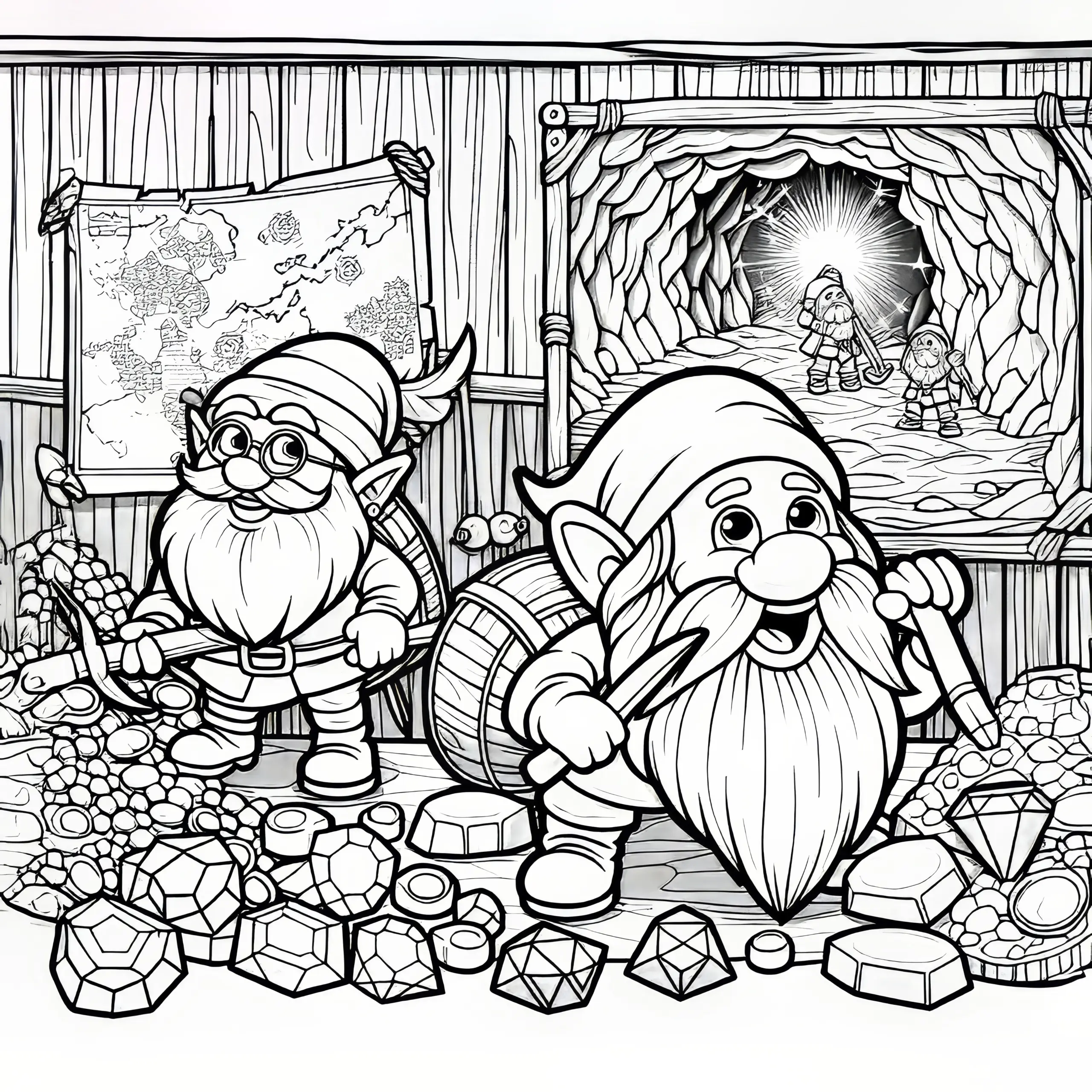 Zwerge graben in Mine nach Edelsteinen und Gold: Ausmalbild zum Download (Kostenlos)