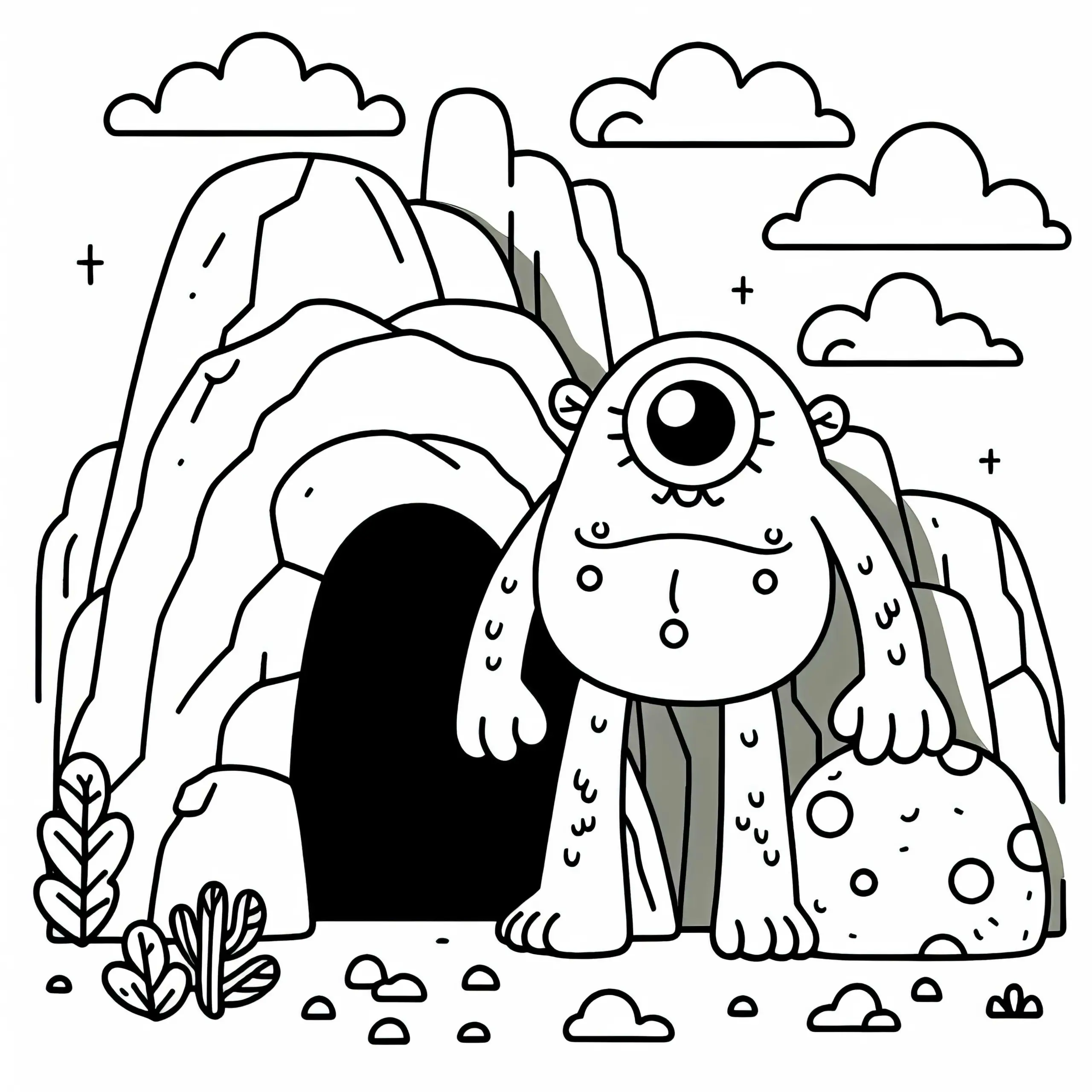 Zyklop bewacht Höhle mit großem Felsblock als Tür – Malvorlage gratis (Ausmalbild)